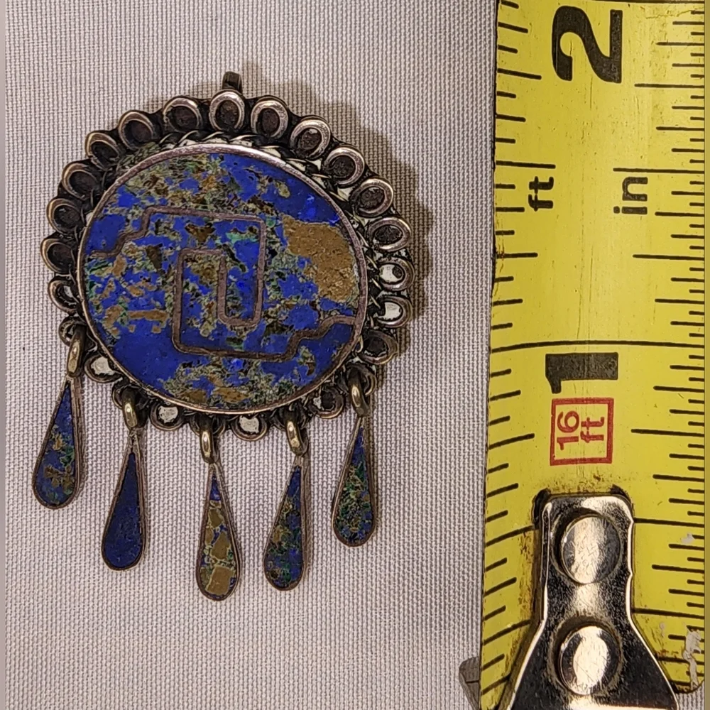 VINTAGE MEXICAN STERLING SILVER TURQUOISE INLAID MOSAIC PIN BROOCH/ PENDANT